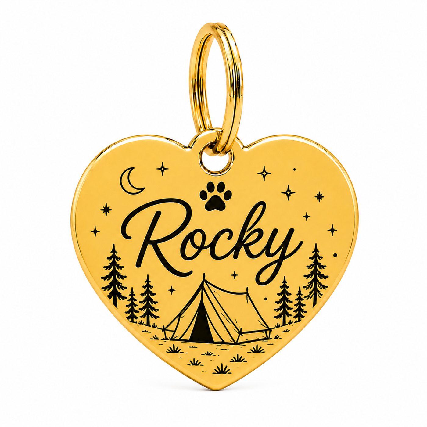 Hartvormige gouden hondenpenning met camping-ontwerp, gegraveerd met naam
