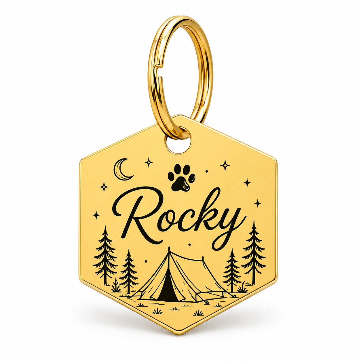Gouden hexagon hondenpenning camping, gegraveerd met naam