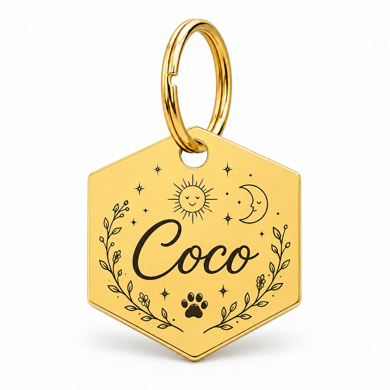 Gouden hexagon hondenpenning met zon en maan, gegraveerd met naam