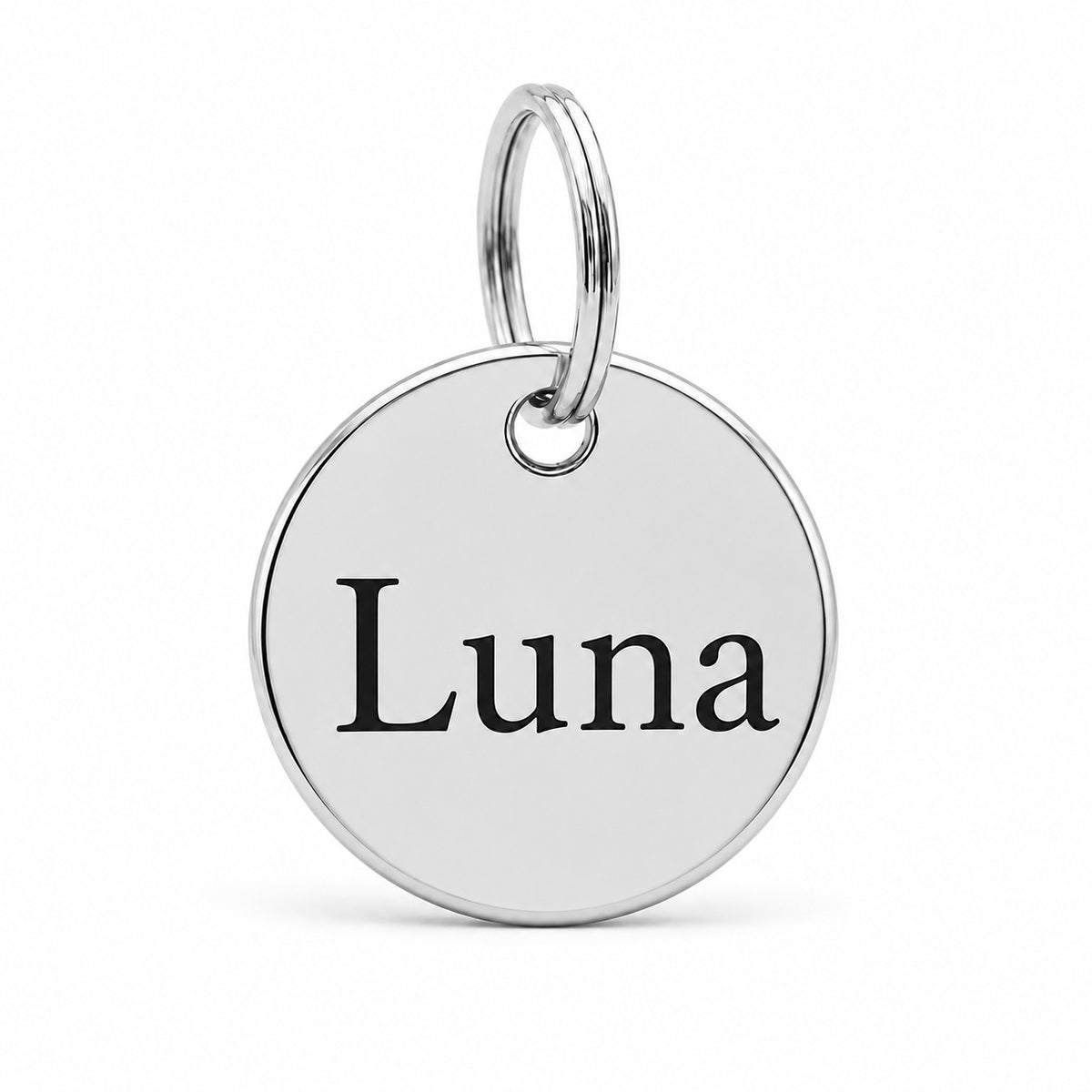 Ronde hondenpenning met naam in zilver, gegraveerd met de hondennaam Luna